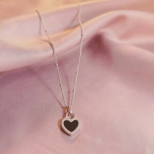 Silver Heart Pendant Necklace - Double sided black/white